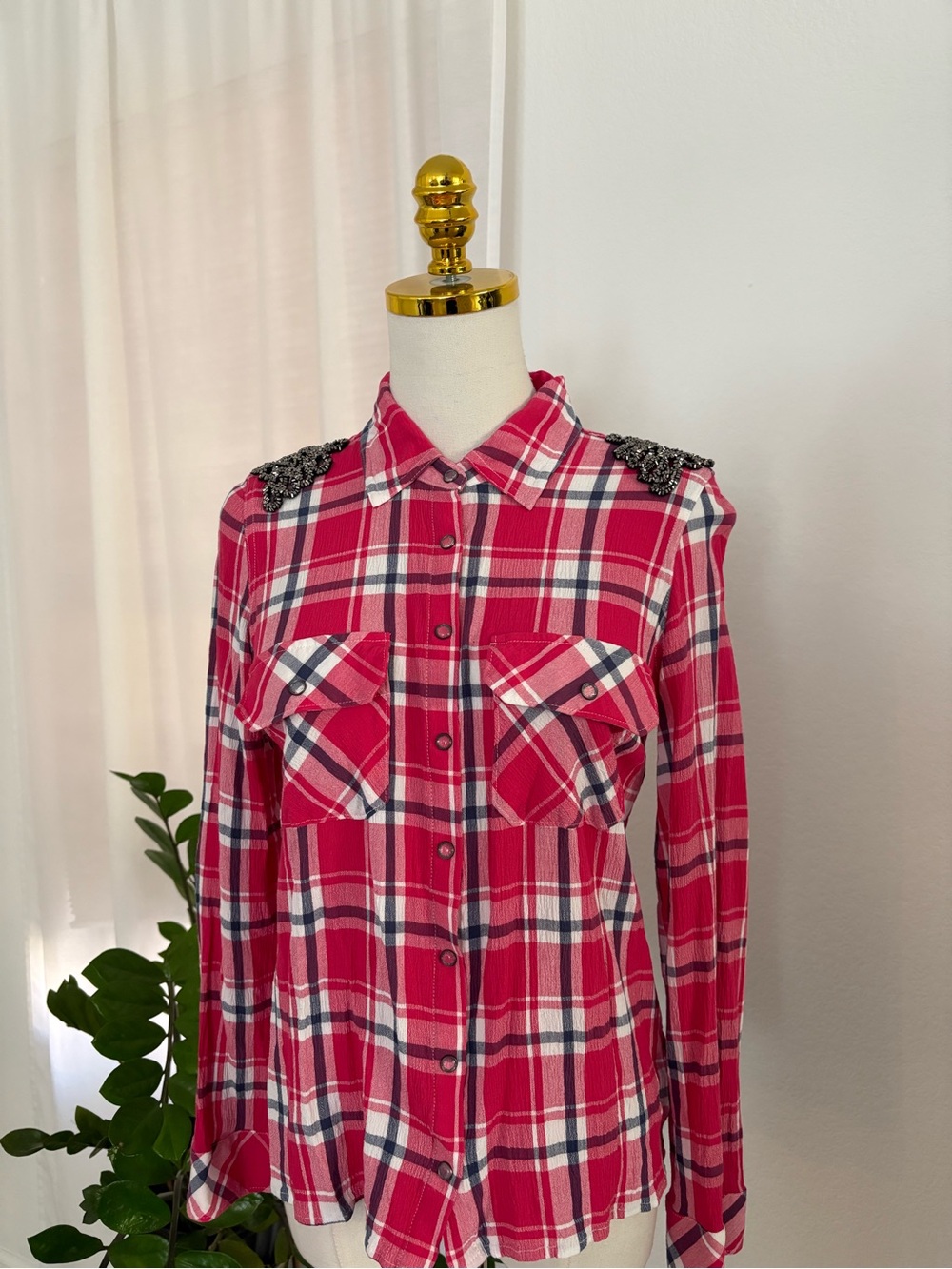 Guess Red & White Plaid Button-Up Shirt